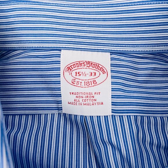 Brooks Brothers Mens Blue & White Striped Non-Iron Cotton Dress Shirt 15.5-33 Tr - Picture 2 of 4